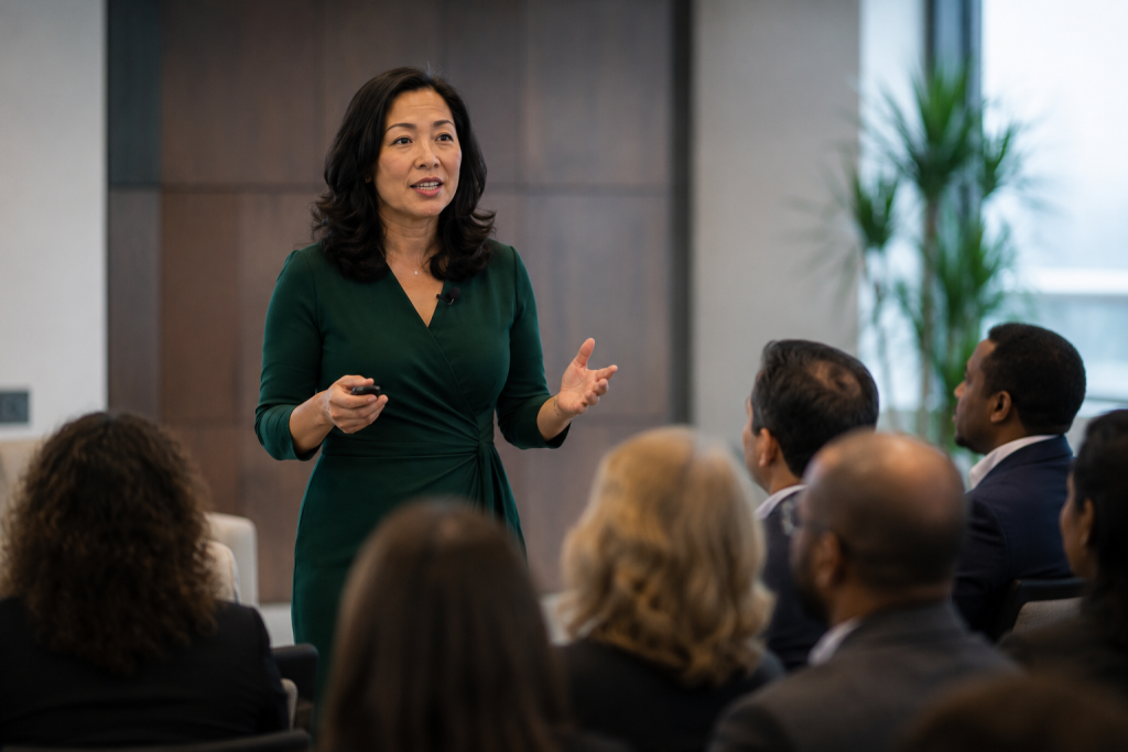 A woman speaking in front of a group of corporate individuals during an executive communication coaching event.